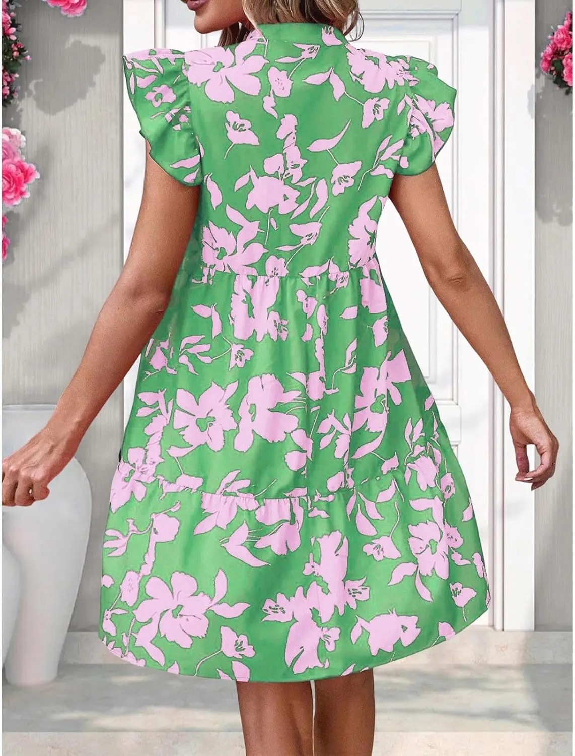 Floral Sundresses for Women 2024 Boho Drawstring V Neck Print Ruffle Sleeves Casual Beach Mini Vacation Sundress