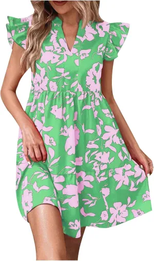 Floral Sundresses for Women 2024 Boho Drawstring V Neck Print Ruffle Sleeves Casual Beach Mini Vacation Sundress