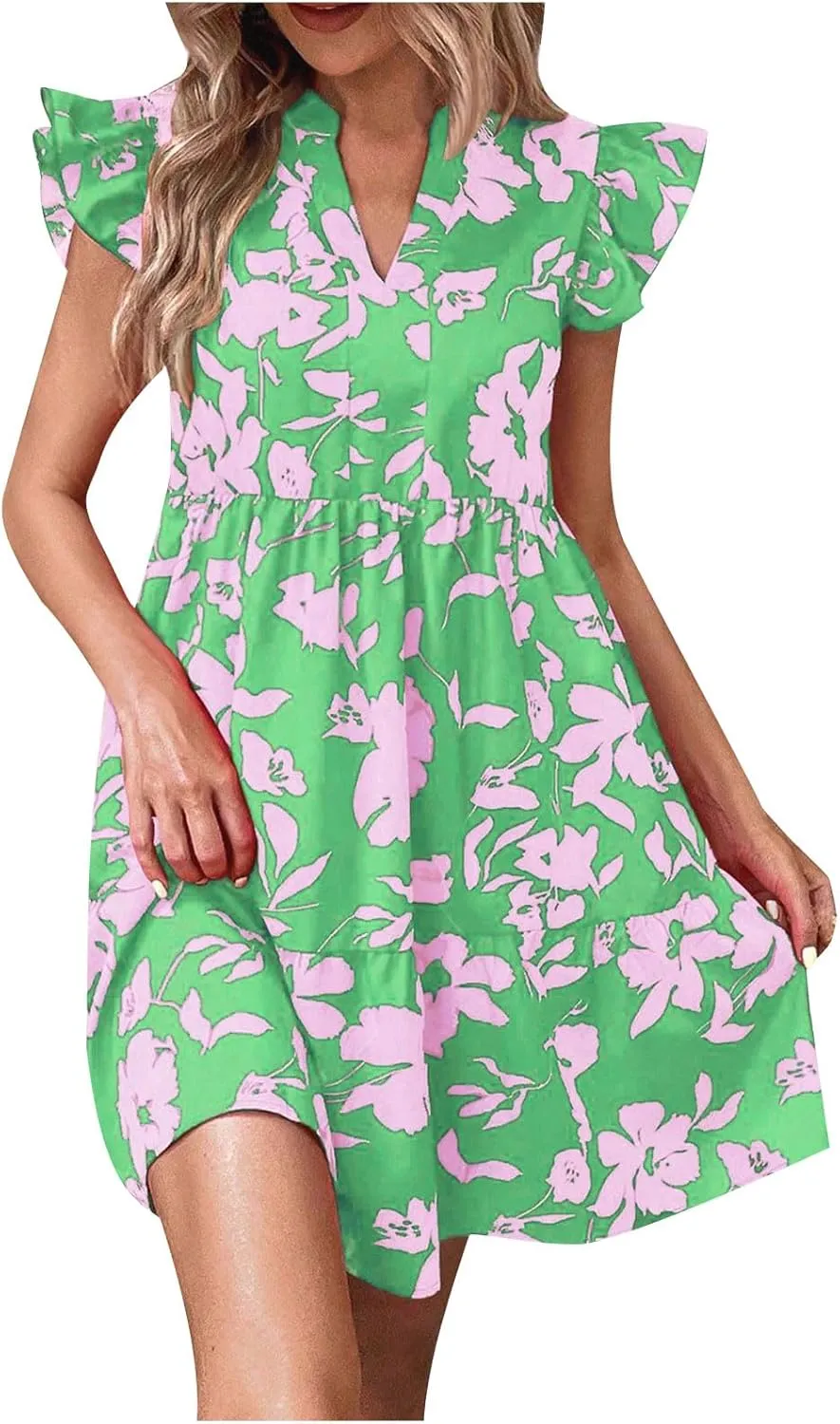 Floral Sundresses for Women 2024 Boho Drawstring V Neck Print Ruffle Sleeves Casual Beach Mini Vacation Sundress