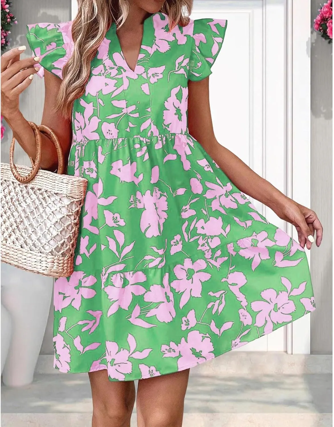 Floral Sundresses for Women 2024 Boho Drawstring V Neck Print Ruffle Sleeves Casual Beach Mini Vacation Sundress