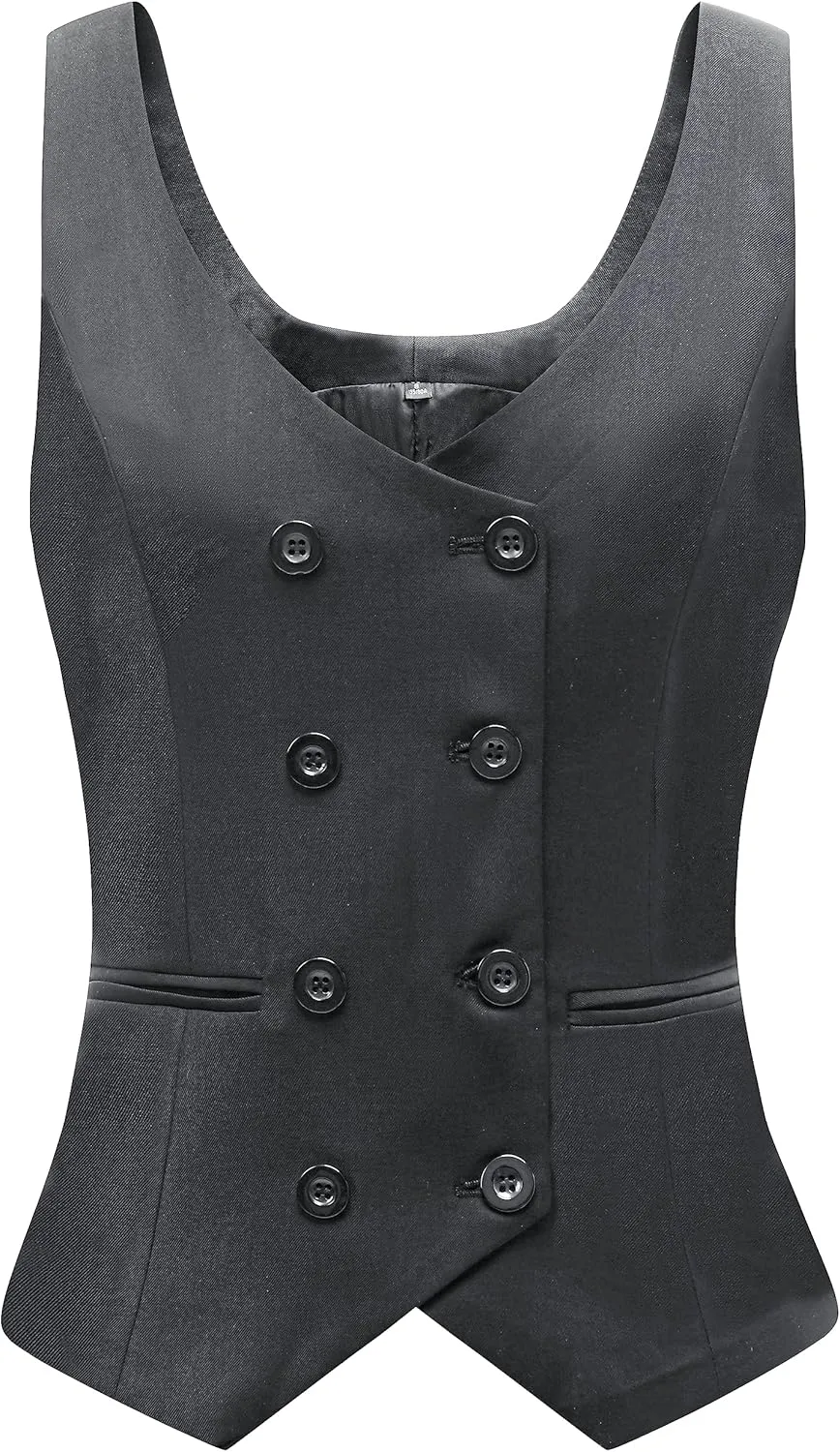 Foucome Womens Suit Vest Double Breasted V-Neck Fashion Dressy Casual Waistcoat Vest for Women