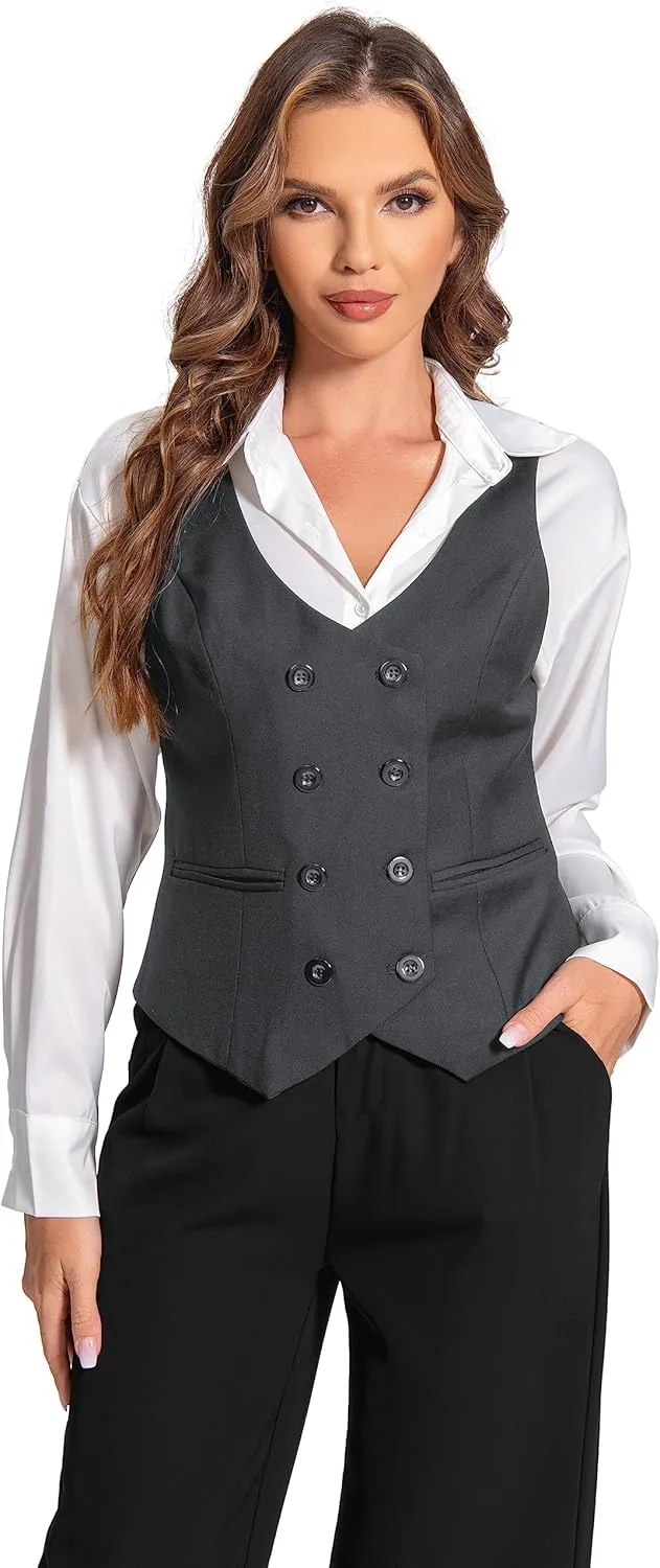 Foucome Womens Suit Vest Double Breasted V-Neck Fashion Dressy Casual Waistcoat Vest for Women