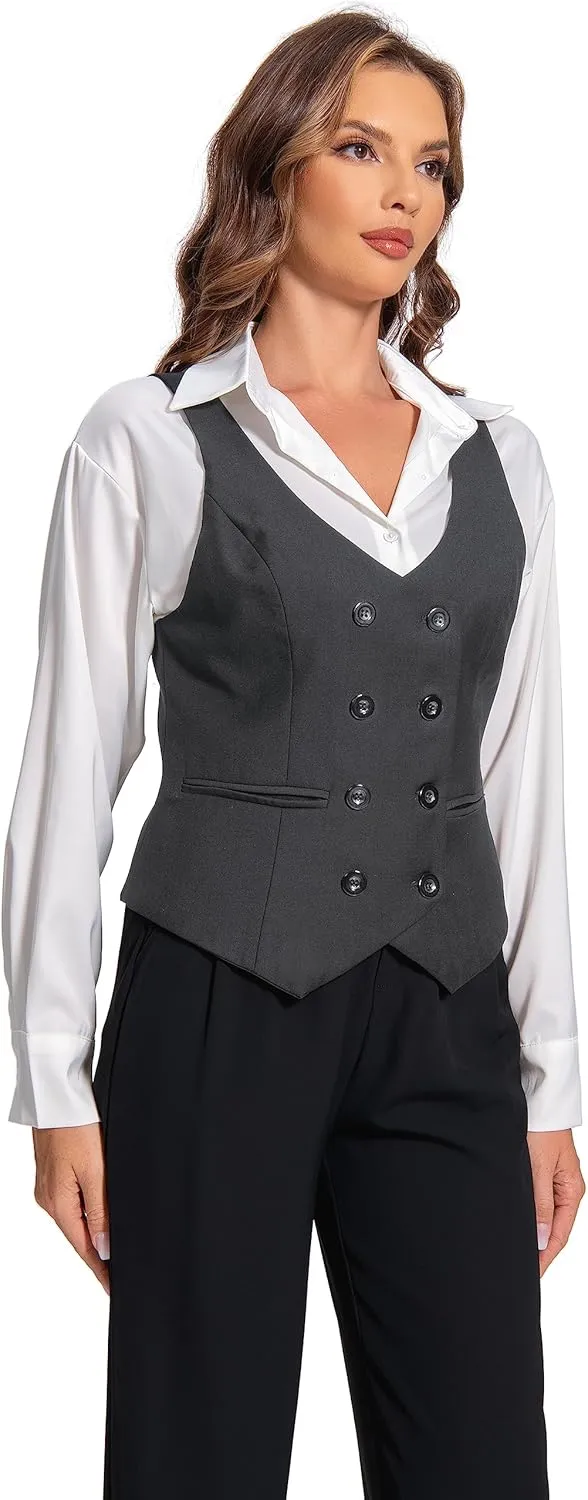 Foucome Womens Suit Vest Double Breasted V-Neck Fashion Dressy Casual Waistcoat Vest for Women