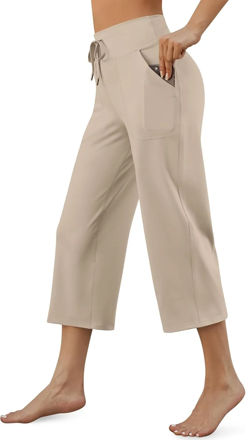 G4Free Wide Leg Capris Yoga Pants for Women with Pockets Summer High Waist Dress Pants for Workout Casual Pants 21"