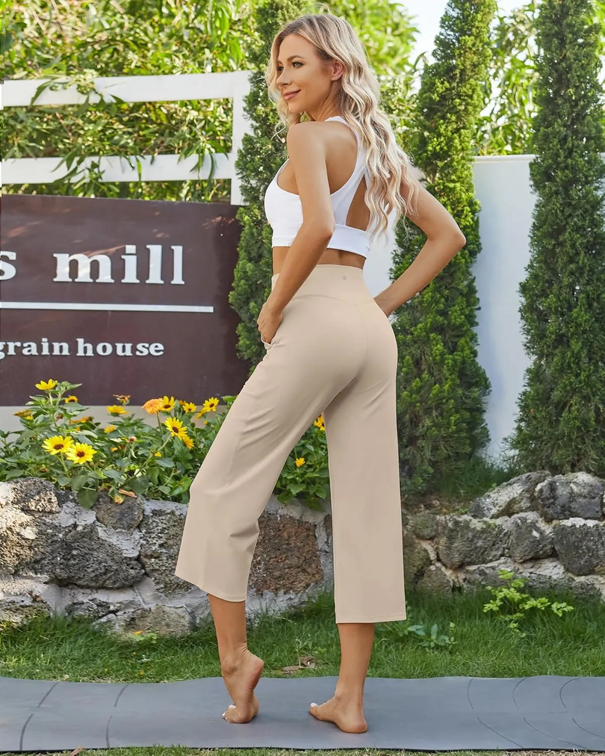 G4Free Wide Leg Capris Yoga Pants for Women with Pockets Summer High Waist Dress Pants for Workout Casual Pants 21"