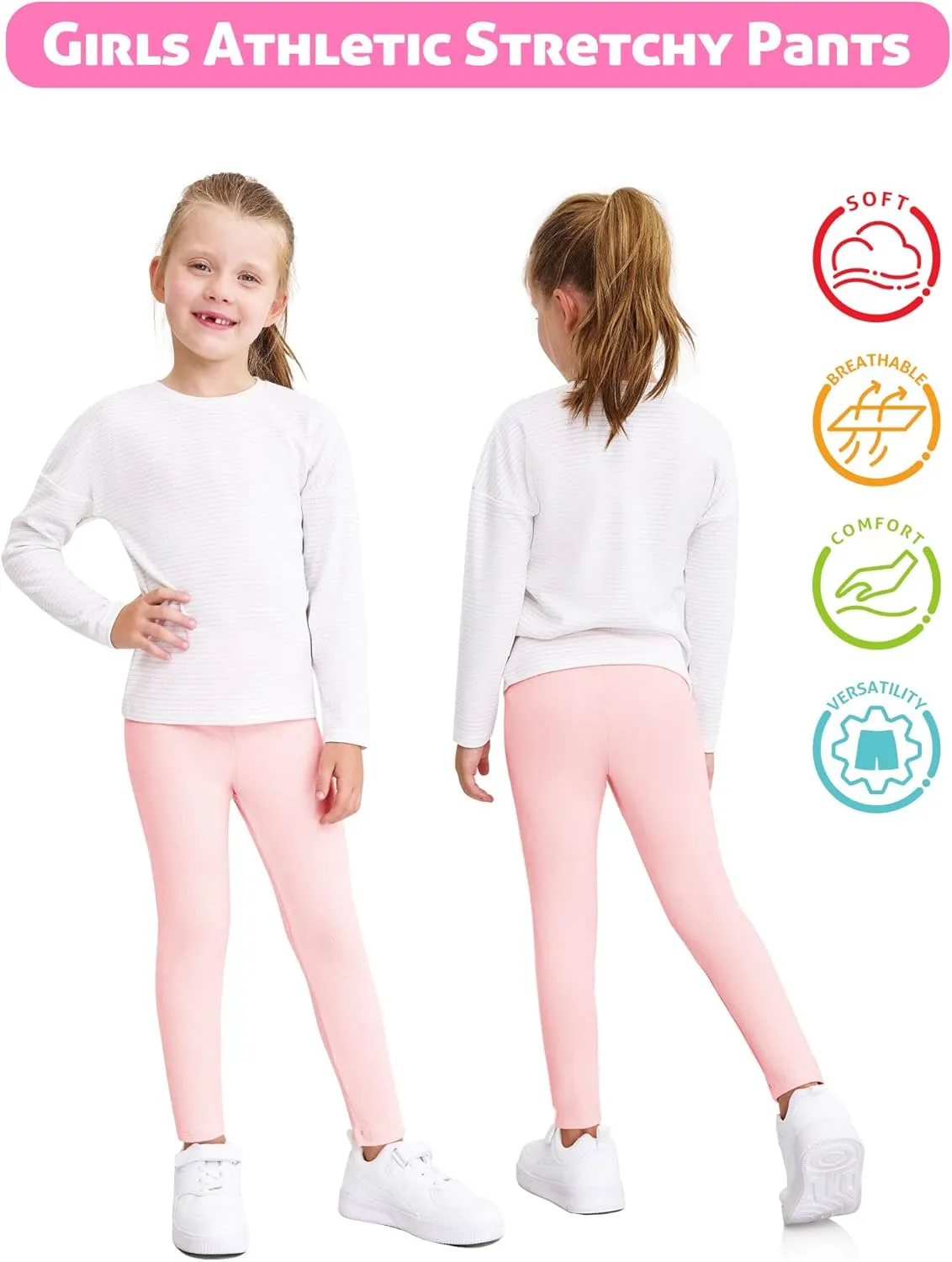 Girls Leggings 4 Pack Cotton Full Length Kids Teens Pants Toddler Footless Pull On Athletic Bottoms