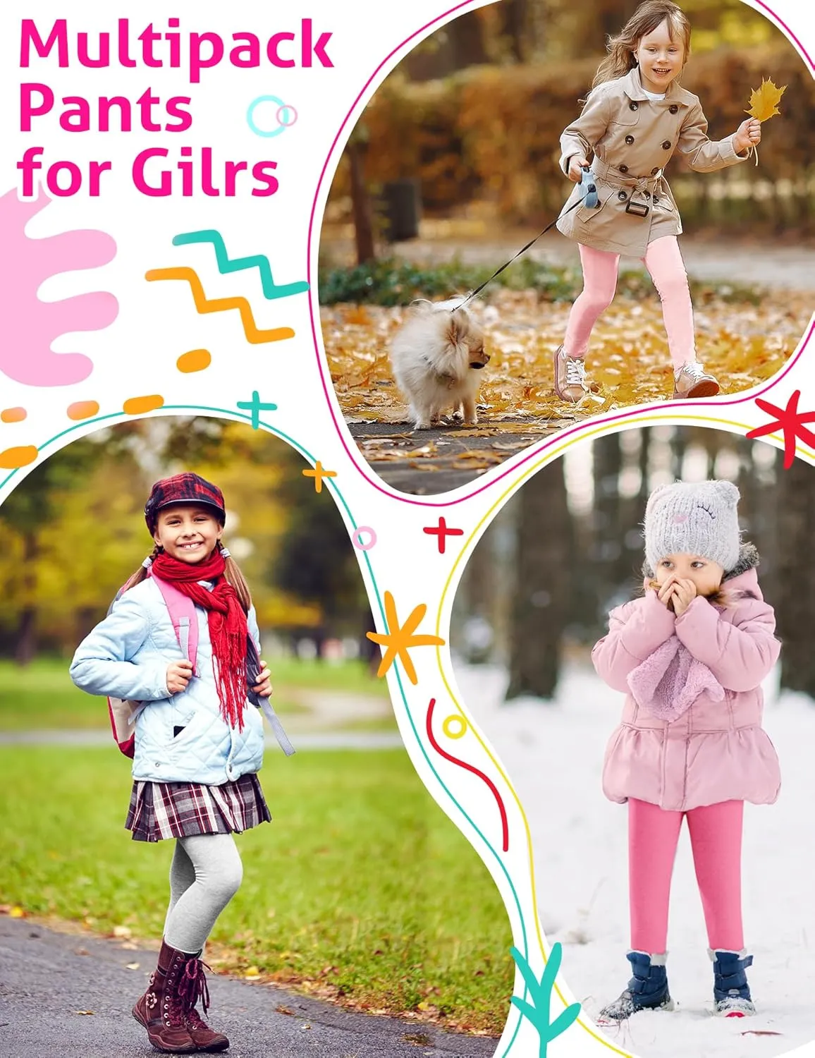 Girls Leggings 4 Pack Cotton Full Length Kids Teens Pants Toddler Footless Pull On Athletic Bottoms