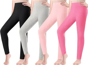 Girls Leggings 4 Pack Cotton Full Length Kids Teens Pants Toddler Footless Pull On Athletic Bottoms