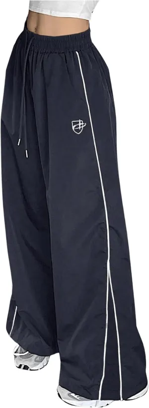 GORGLITTER Women's Baggy Wide Leg Parachute Pants Y2K Bell Bottom Drawstring Waist Track Pants