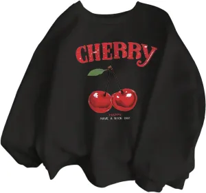 GORGLITTER Women's Cherry Sweatshirt Crewneck Long Sleeve Cute Oversized Pullover Top