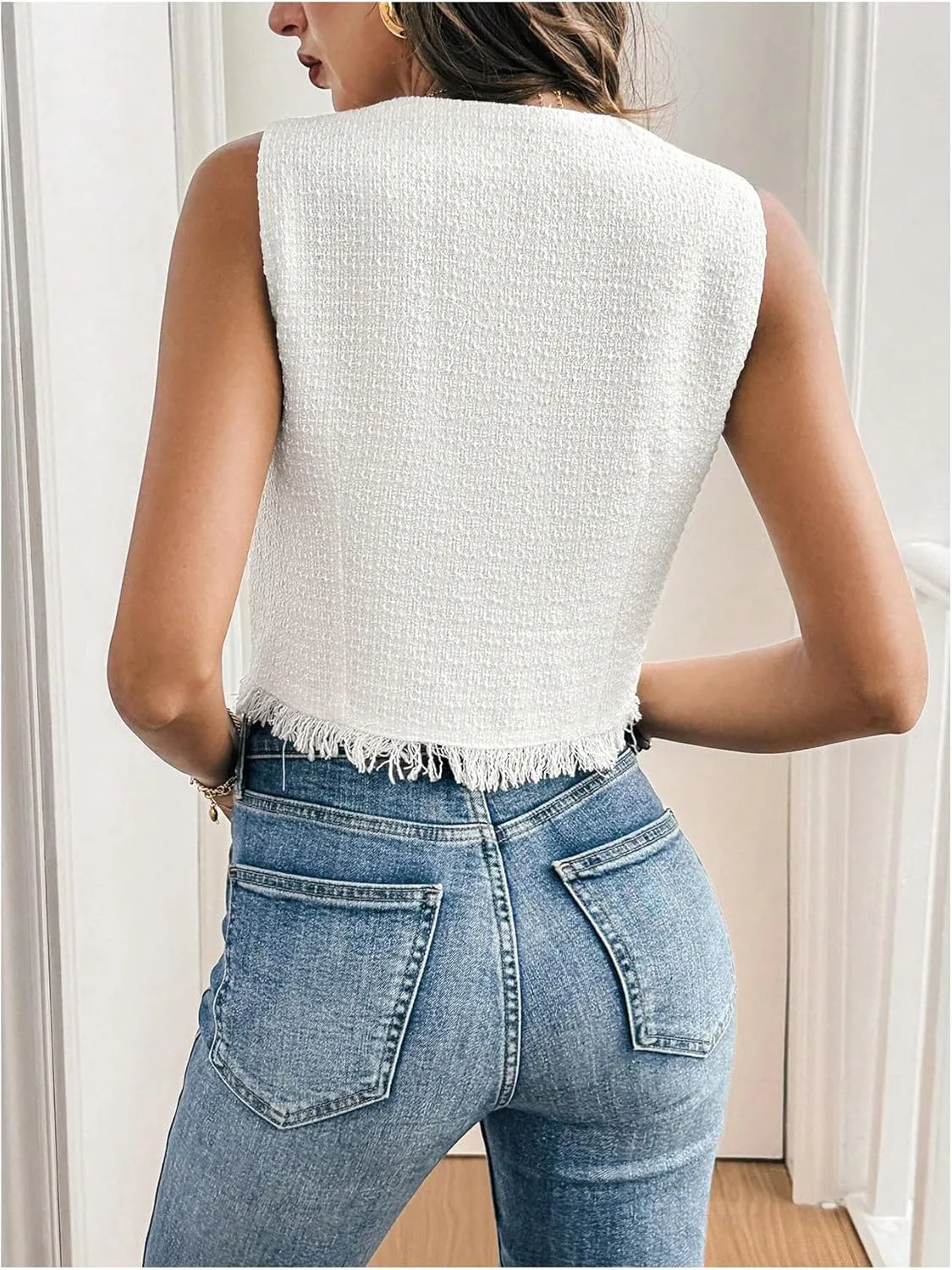 GORGLITTER Women's Tweed Blazer Vest Sleeveless Fringe Pearl Button Vest Jacket Business Casual Work Vest Tops 2025