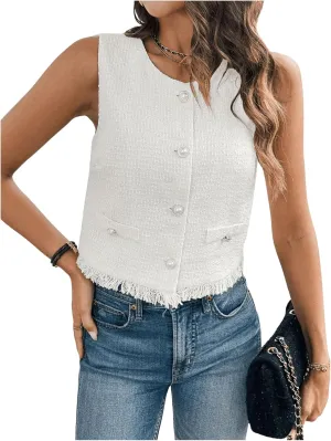 GORGLITTER Women's Tweed Blazer Vest Sleeveless Fringe Pearl Button Vest Jacket Business Casual Work Vest Tops 2025