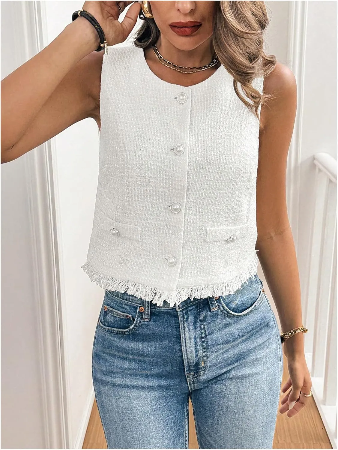 GORGLITTER Women's Tweed Blazer Vest Sleeveless Fringe Pearl Button Vest Jacket Business Casual Work Vest Tops 2025