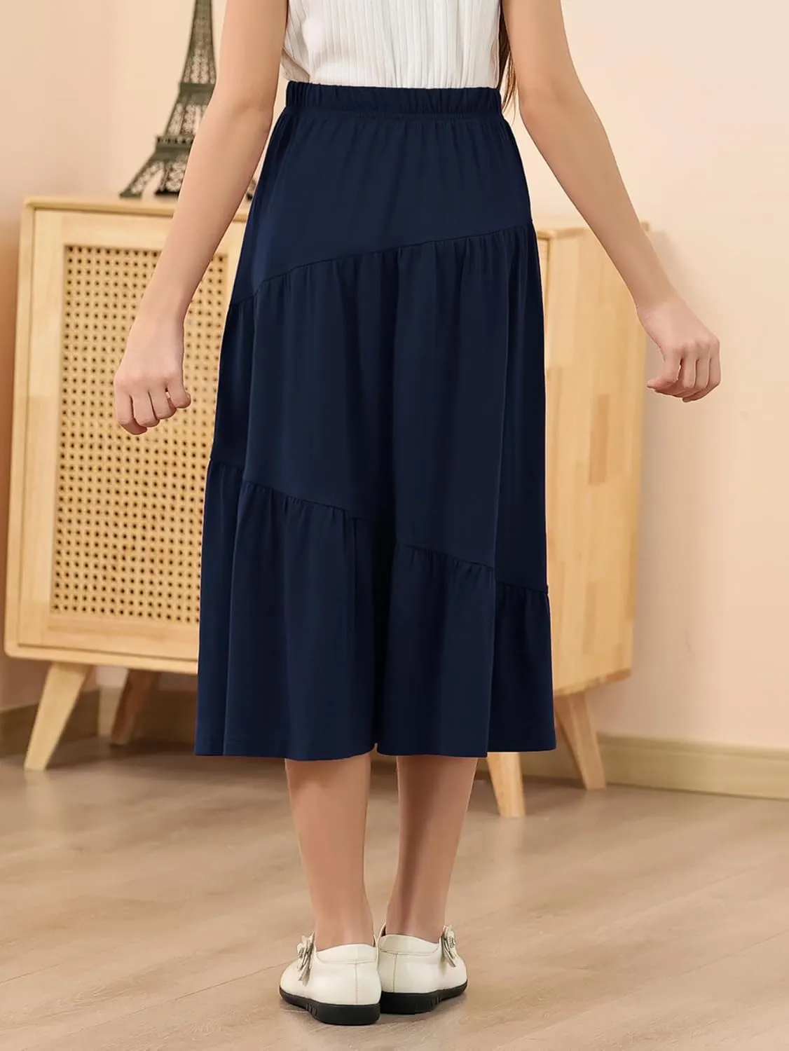 GORLYA Girls Holiday Casual Asymmetrical Tiered Ruffle Hem Long Swing Boho Fancy Maxi Skirt 6-14Y