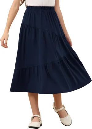 GORLYA Girls Holiday Casual Asymmetrical Tiered Ruffle Hem Long Swing Boho Fancy Maxi Skirt 6-14Y