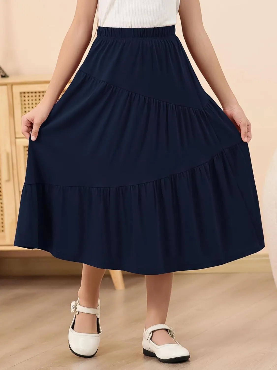 GORLYA Girls Holiday Casual Asymmetrical Tiered Ruffle Hem Long Swing Boho Fancy Maxi Skirt 6-14Y