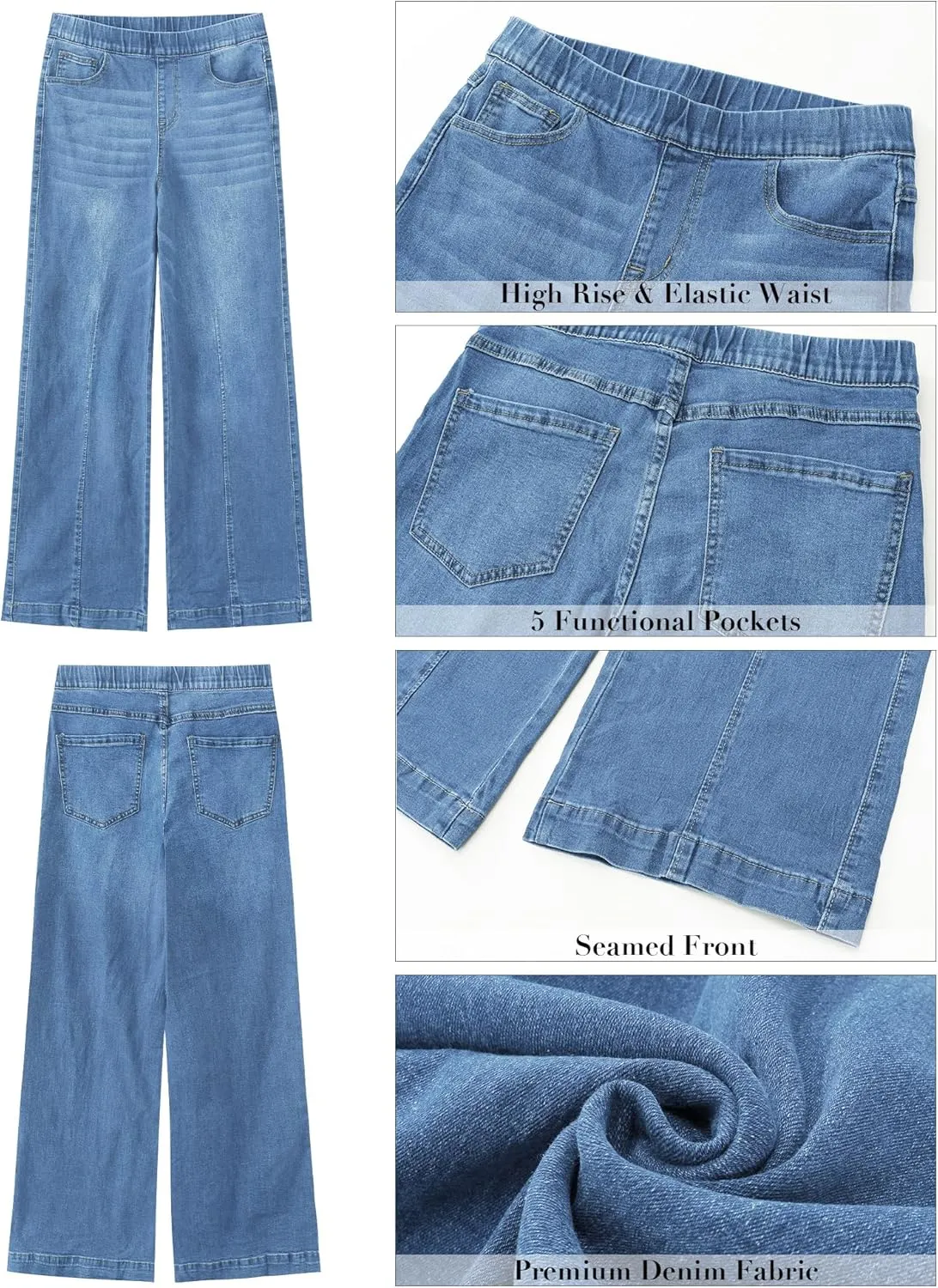 GRAPENT Pull On Womens Jeans Baggy Stretchy High Waisted Denim Wide Leg Trouser Pants Trendy Front Seam 90s Loose Jean