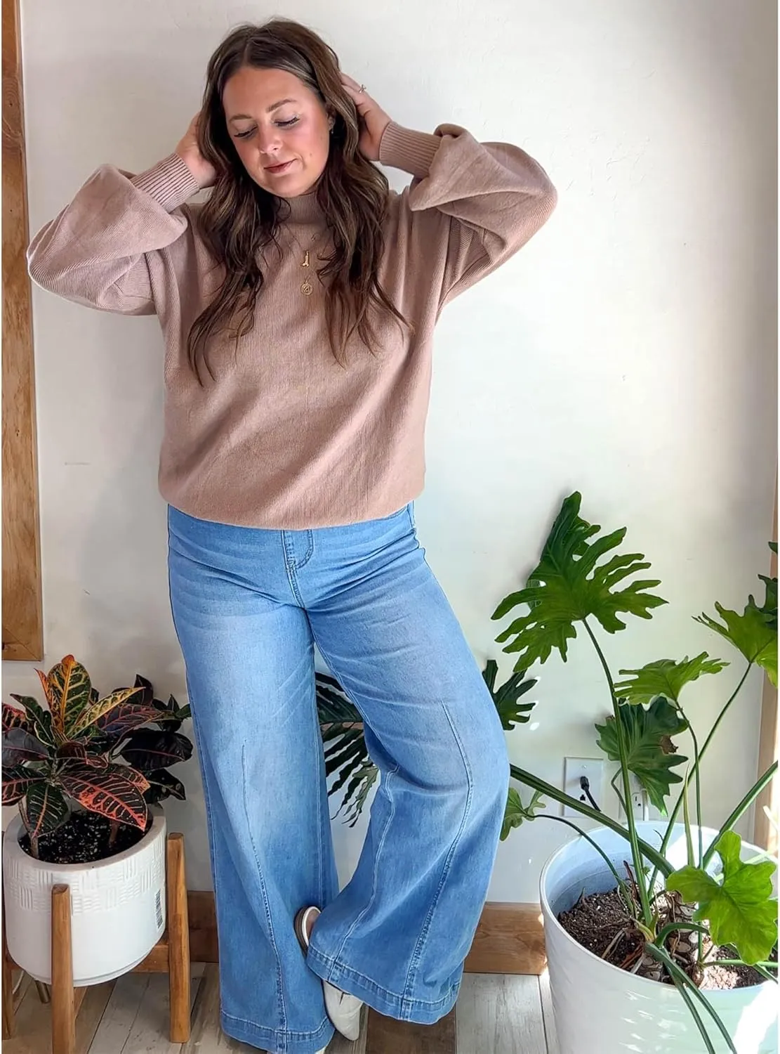 GRAPENT Pull On Womens Jeans Baggy Stretchy High Waisted Denim Wide Leg Trouser Pants Trendy Front Seam 90s Loose Jean