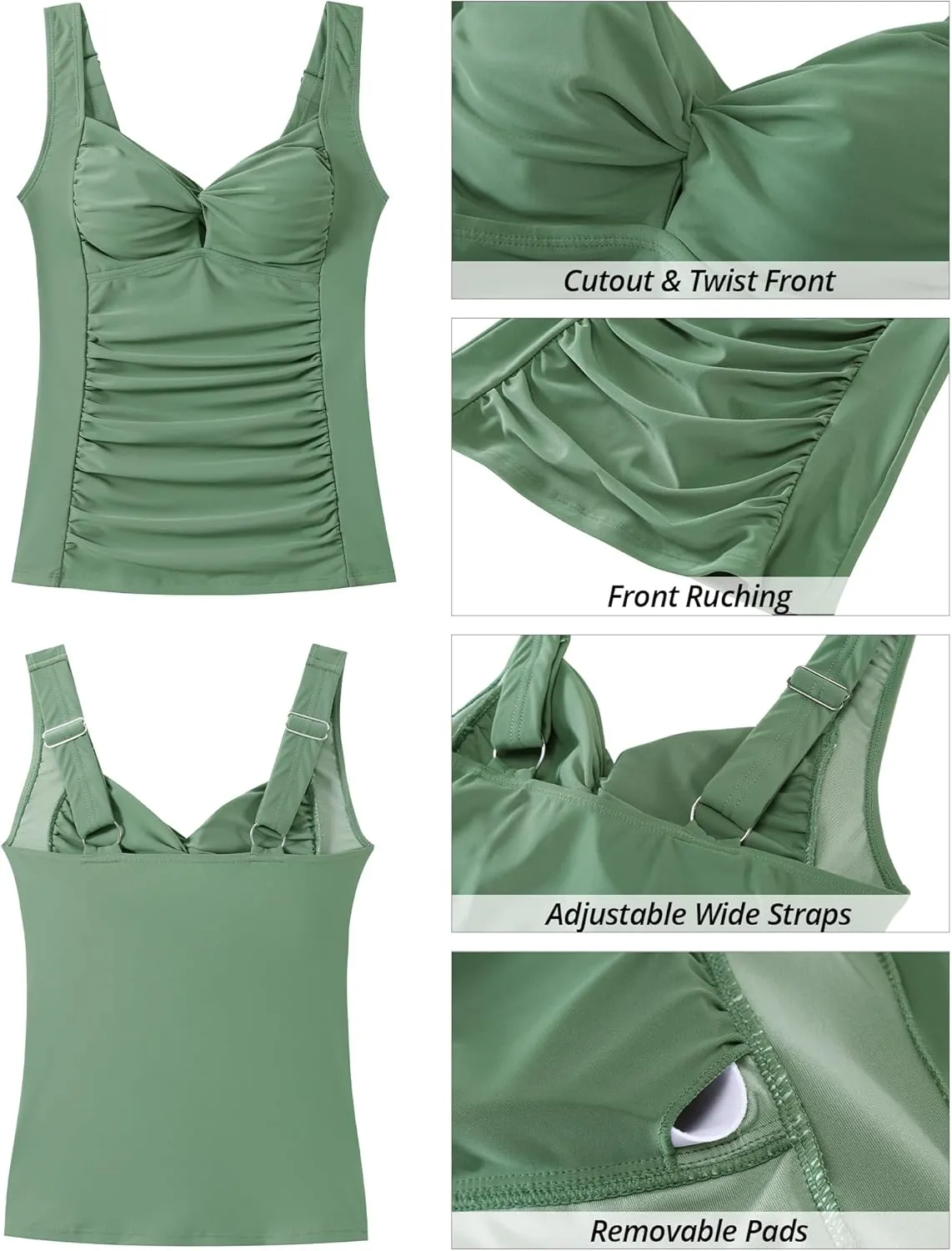GRAPENT Tankini Tops for Women Twist Front Keyhole Bathing Suits Swim Tankini Swimsuits Padded Ruched Swimwear Top Only