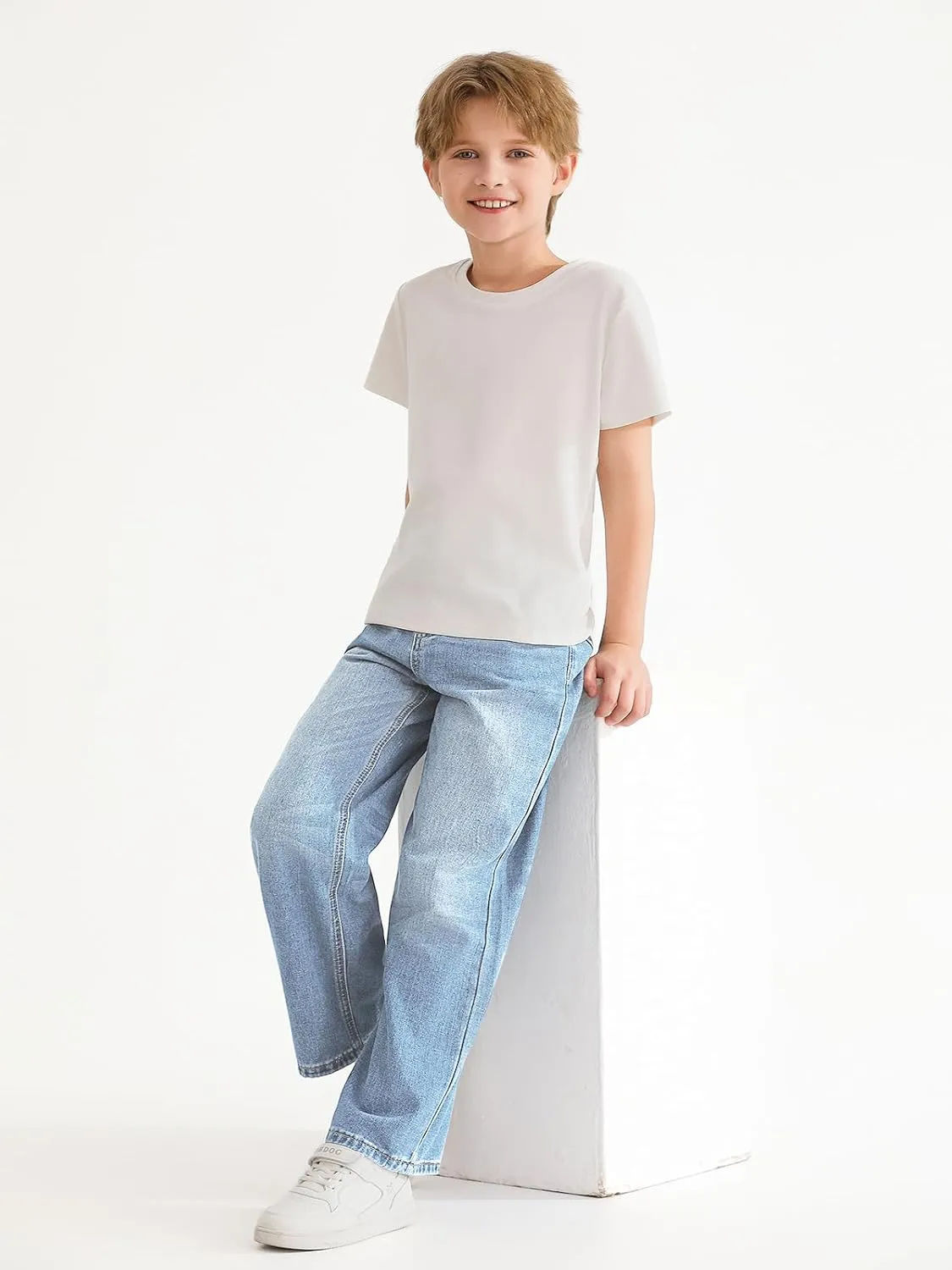 Haloumoning Boys Casual Baggy Denim Pants Kids Elastic Waist Wide Leg Jeans with Pockets 5-14 Years