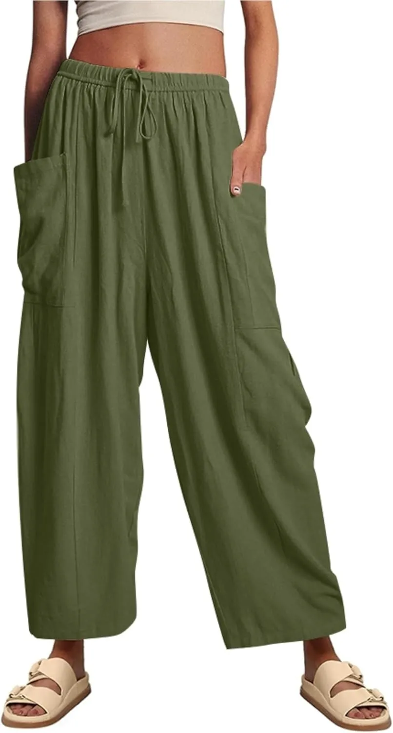 HangNiFang Cotton Linen Wide Leg Pants for Women High Waisted Beach Palazzo Harem Pants