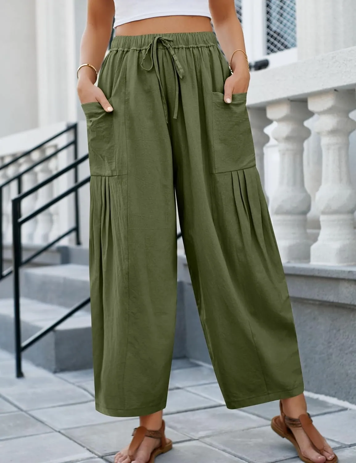 HangNiFang Cotton Linen Wide Leg Pants for Women High Waisted Beach Palazzo Harem Pants