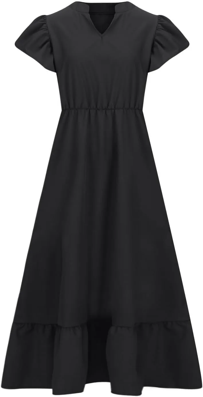 HGps8w Womens Flutter Sleeve Plus Size Summer Maxi Dress Elegant V Neck Ruffle Hem A-Line Swing Cocktail Dresses with Pockets