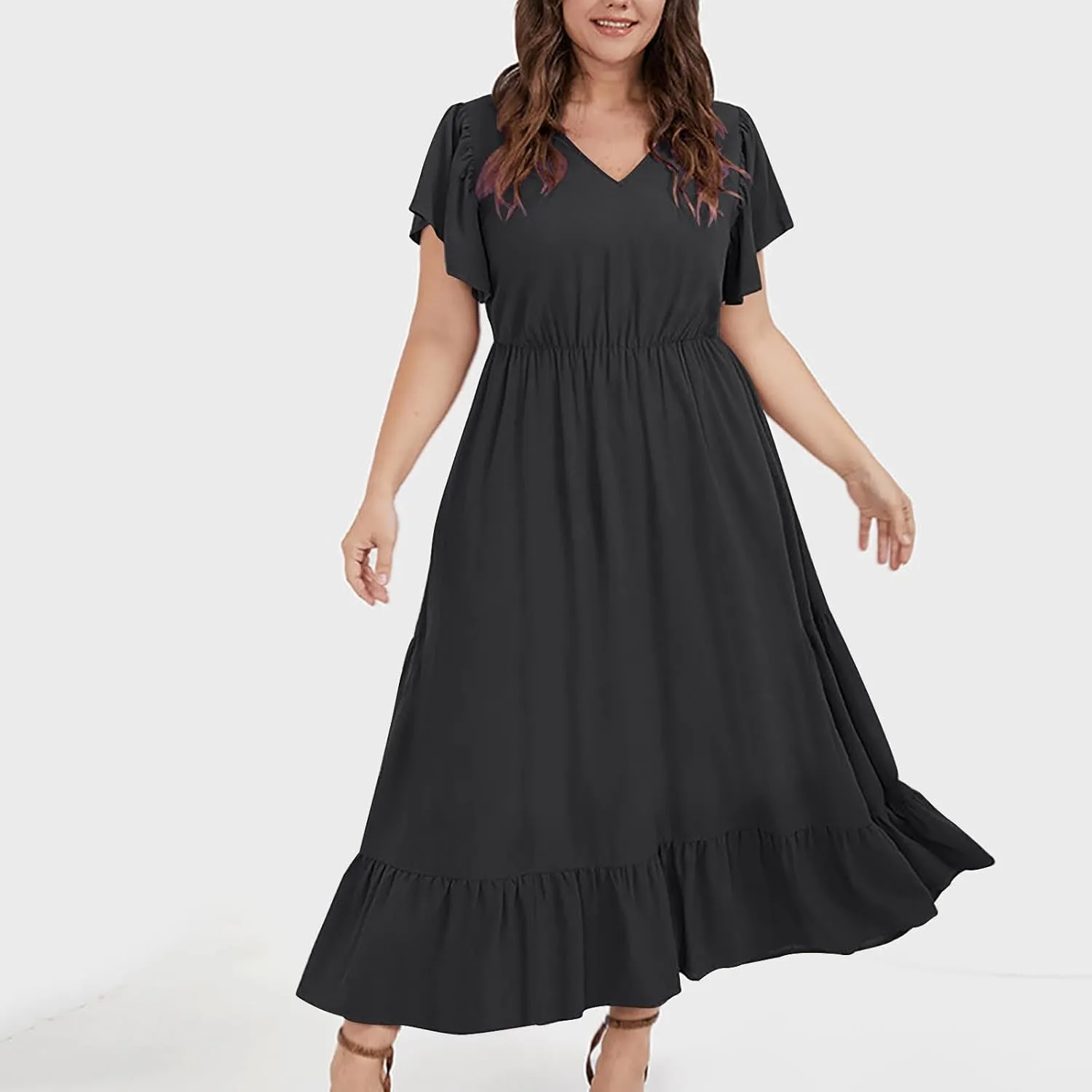 HGps8w Womens Flutter Sleeve Plus Size Summer Maxi Dress Elegant V Neck Ruffle Hem A-Line Swing Cocktail Dresses with Pockets