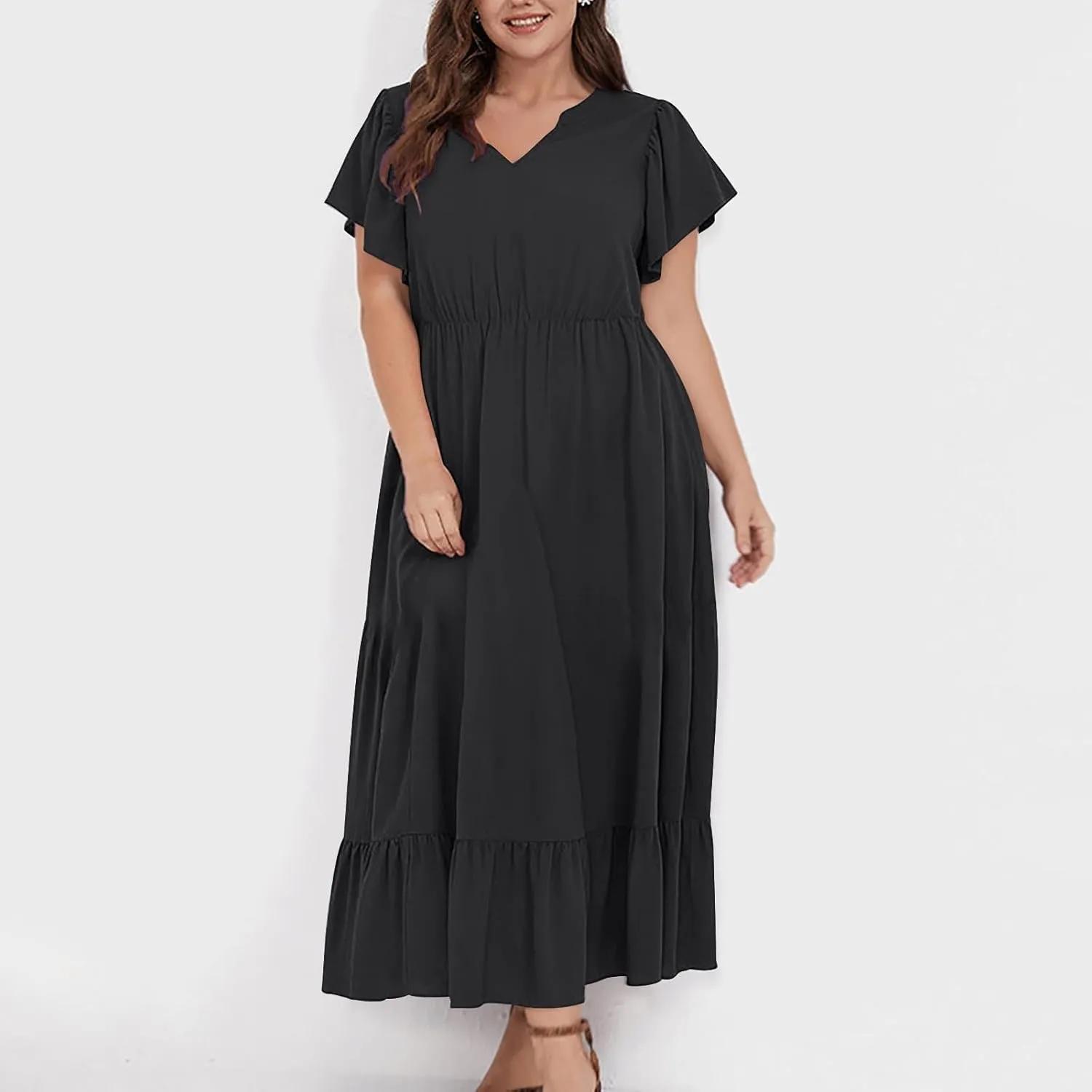 HGps8w Womens Flutter Sleeve Plus Size Summer Maxi Dress Elegant V Neck Ruffle Hem A-Line Swing Cocktail Dresses with Pockets