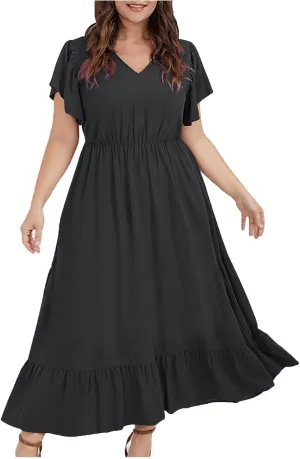 HGps8w Womens Flutter Sleeve Plus Size Summer Maxi Dress Elegant V Neck Ruffle Hem A-Line Swing Cocktail Dresses with Pockets