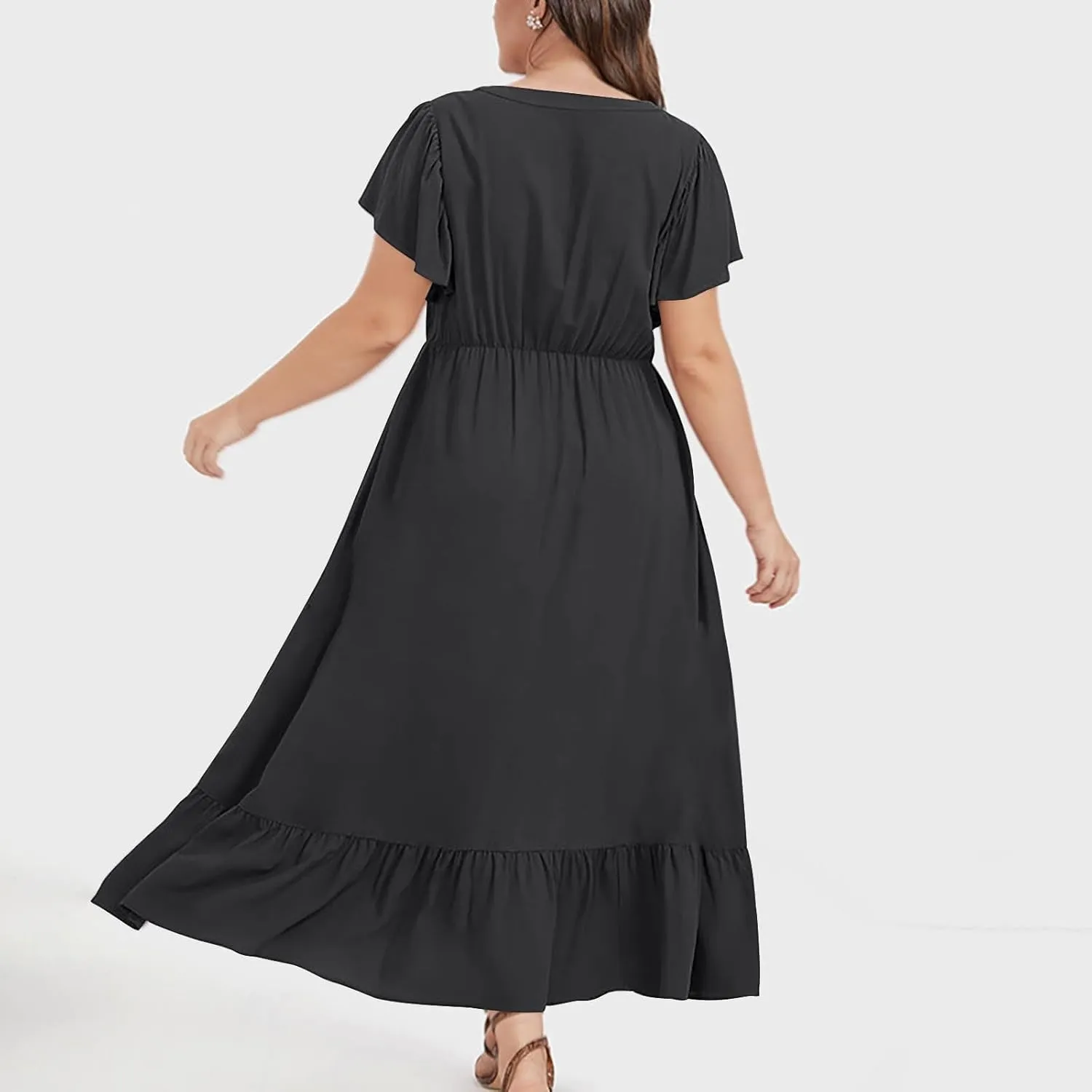 HGps8w Womens Flutter Sleeve Plus Size Summer Maxi Dress Elegant V Neck Ruffle Hem A-Line Swing Cocktail Dresses with Pockets