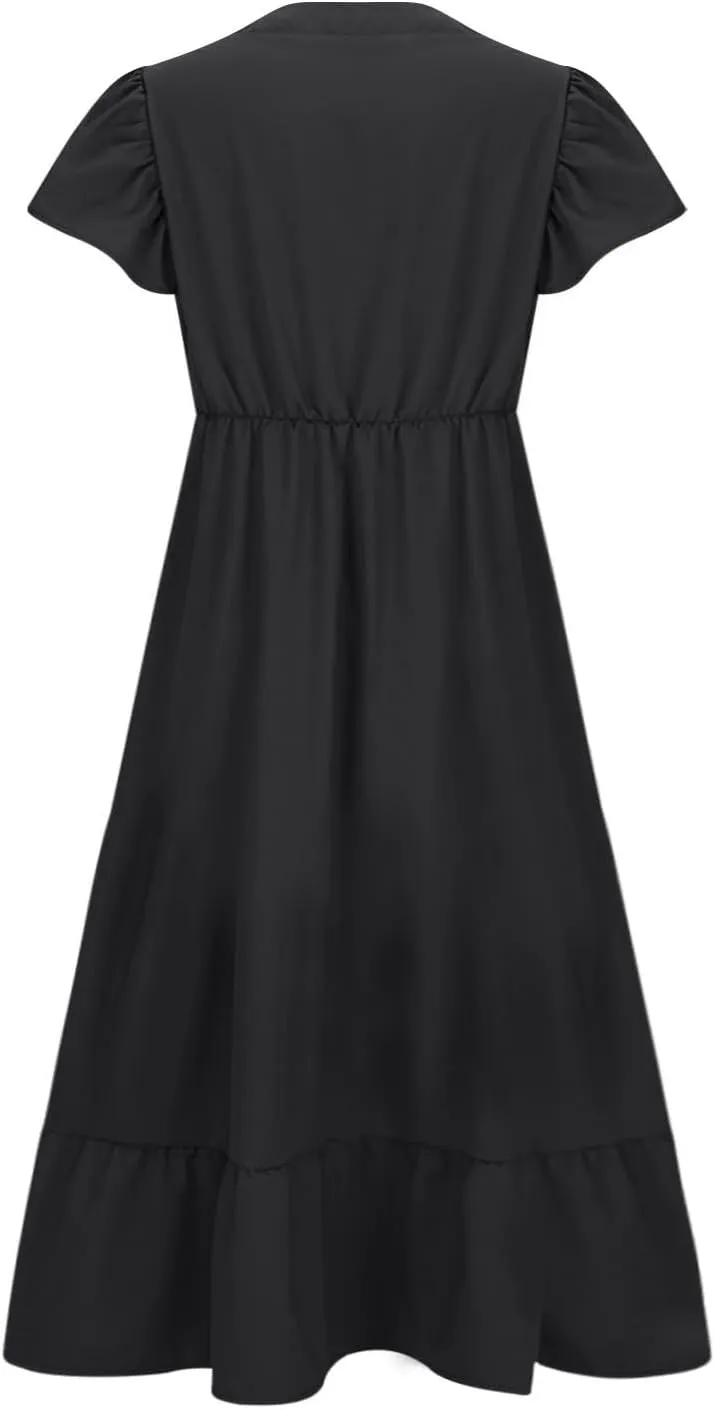 HGps8w Womens Flutter Sleeve Plus Size Summer Maxi Dress Elegant V Neck Ruffle Hem A-Line Swing Cocktail Dresses with Pockets