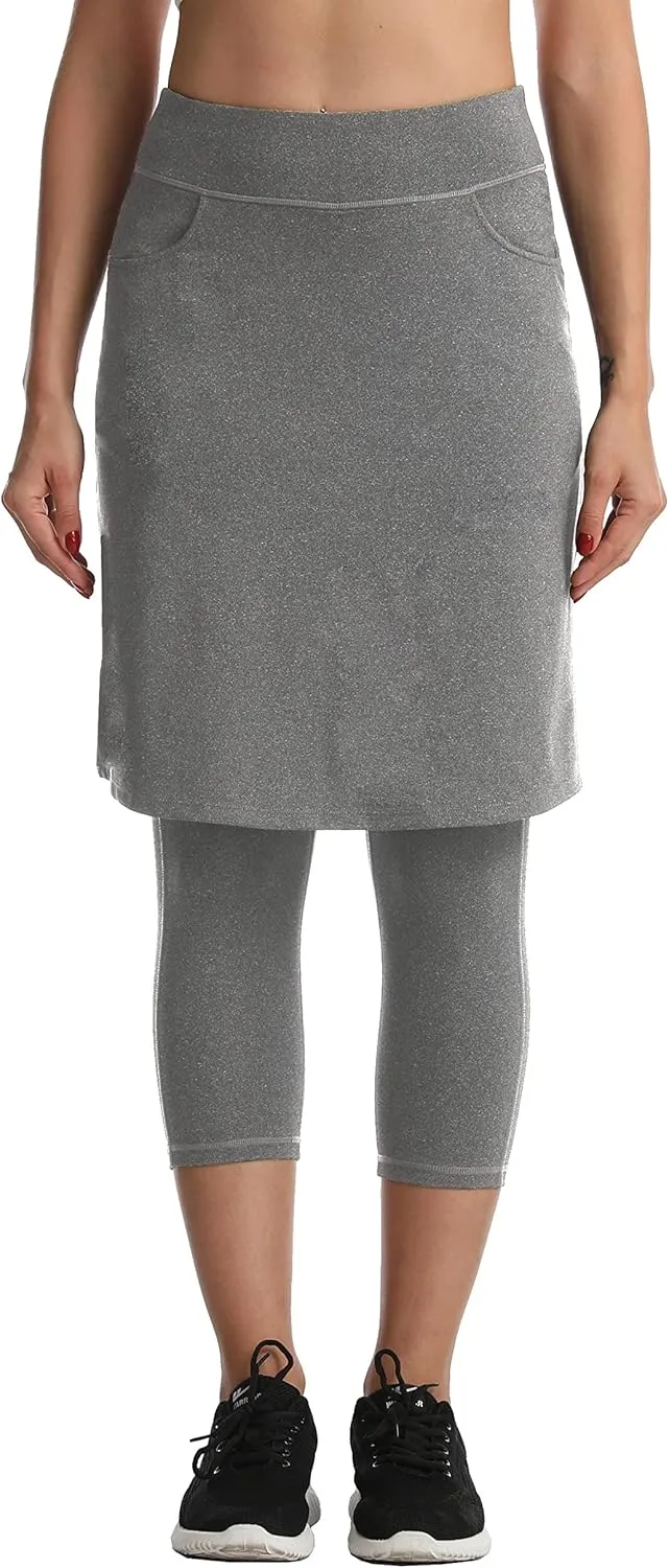 HOKOYI Modest Skirt with Leggings Attached for Women Workout Knee Length Swim Capri Pants with 2 Pockets