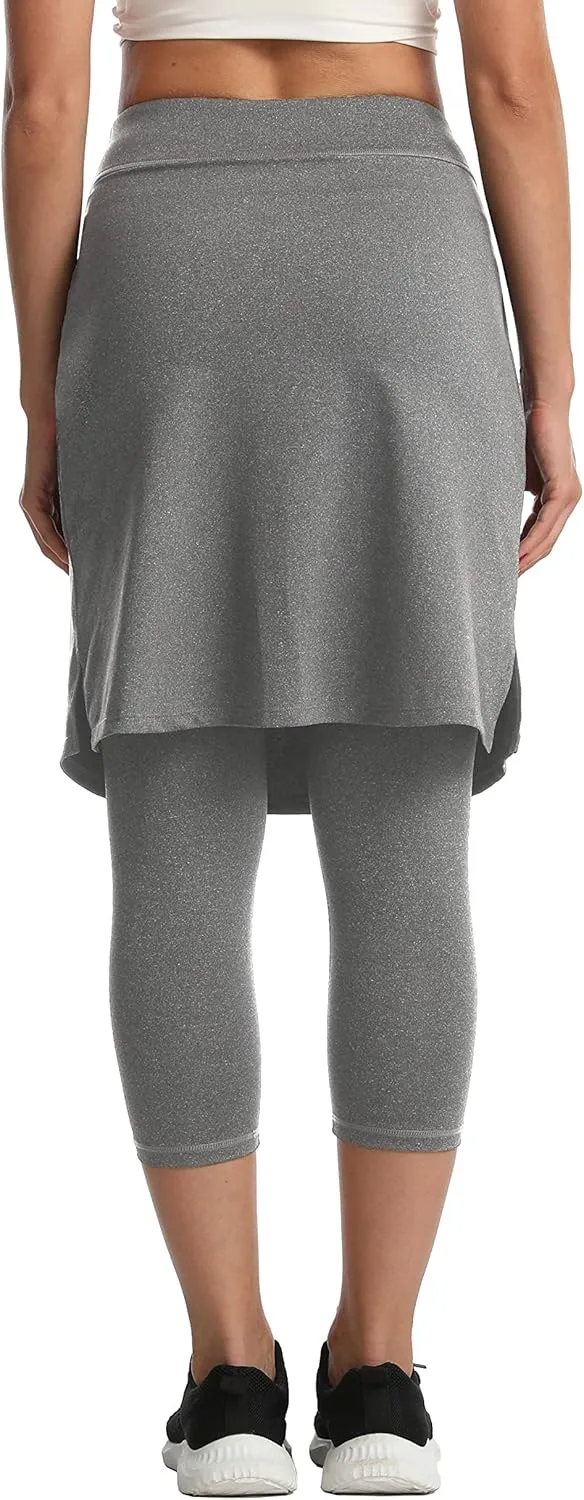 HOKOYI Modest Skirt with Leggings Attached for Women Workout Knee Length Swim Capri Pants with 2 Pockets