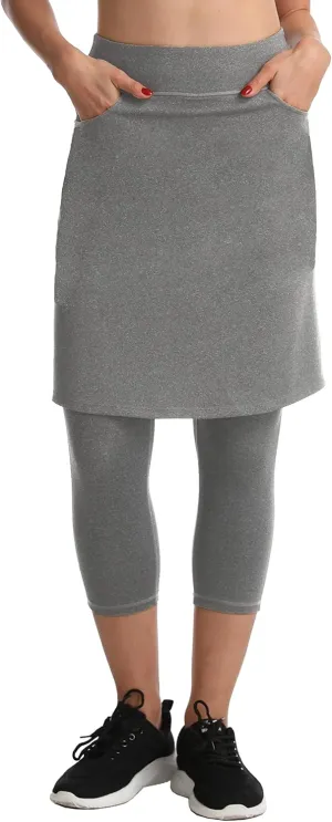 HOKOYI Modest Skirt with Leggings Attached for Women Workout Knee Length Swim Capri Pants with 2 Pockets