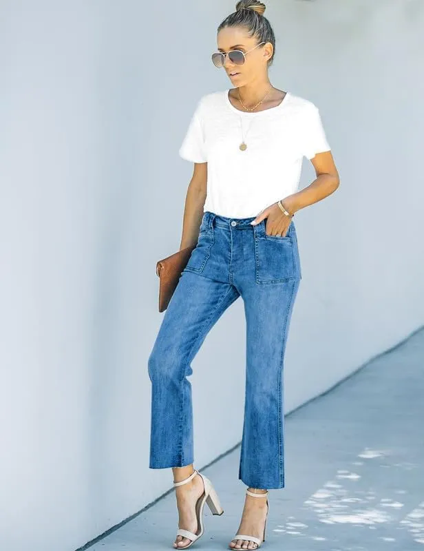HUNGSON Women's Wide Leg Jeans High Waisted Stretchy Capri Pants Loose Denim Pants