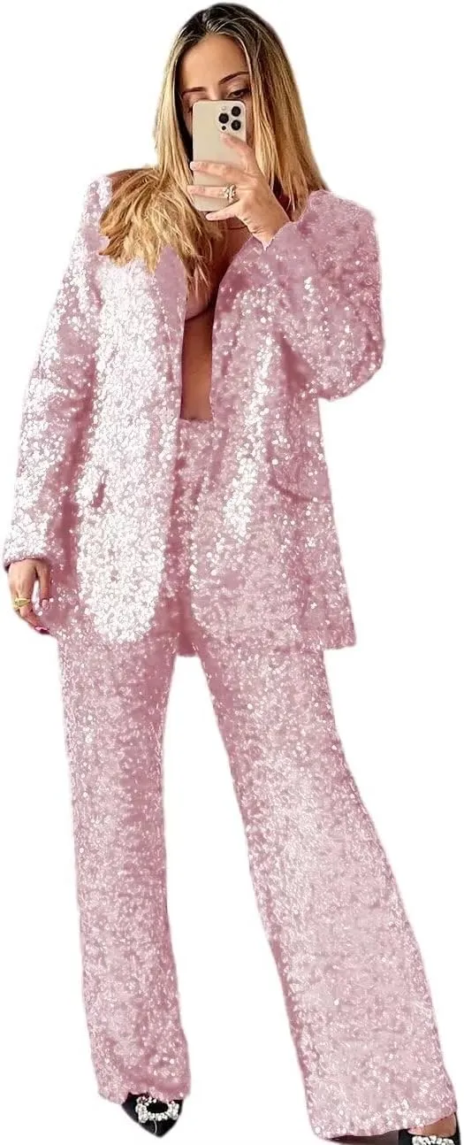 HZUOU Sequin Suits for Women Sparkly Ladies Party Clubwear 2 Pieces Wedding Festival Outfits with Wide Leg Flare Pants HZH45