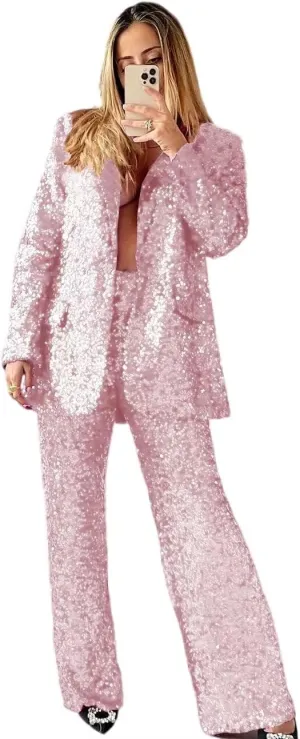HZUOU Sequin Suits for Women Sparkly Ladies Party Clubwear 2 Pieces Wedding Festival Outfits with Wide Leg Flare Pants HZH45