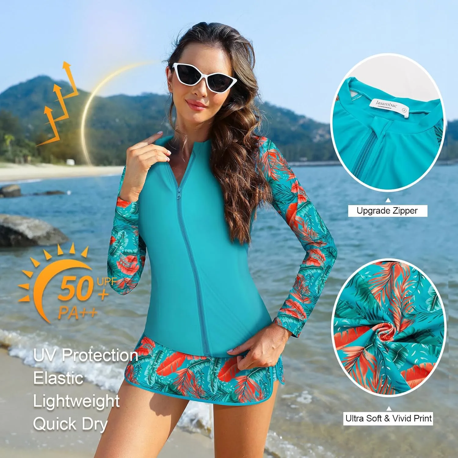 JASAMBAC Women's 3 Piece Rash Guard Zip Up UPF 50  Swim Shirt Built in Bra Long Sleeve Swimsuits Swim Skirt with Bikini Brief