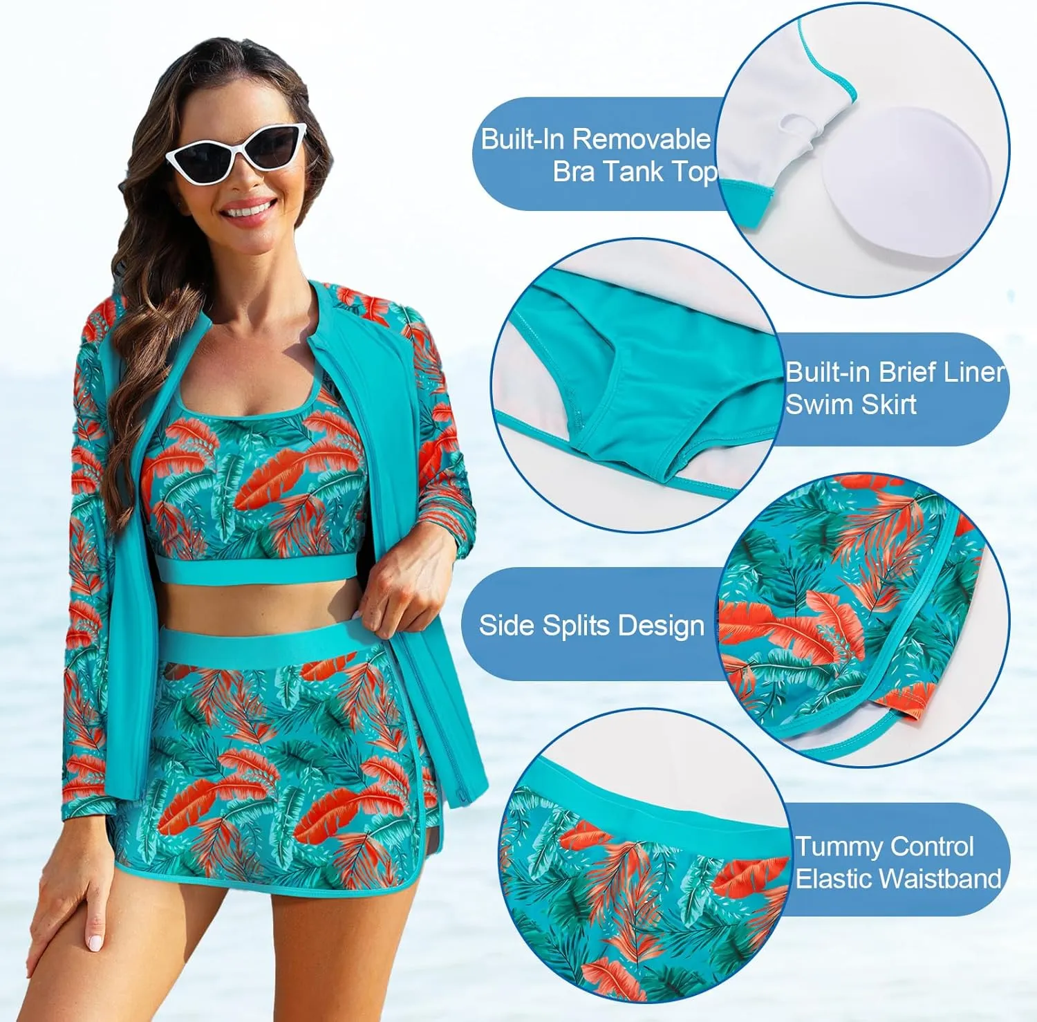 JASAMBAC Women's 3 Piece Rash Guard Zip Up UPF 50  Swim Shirt Built in Bra Long Sleeve Swimsuits Swim Skirt with Bikini Brief