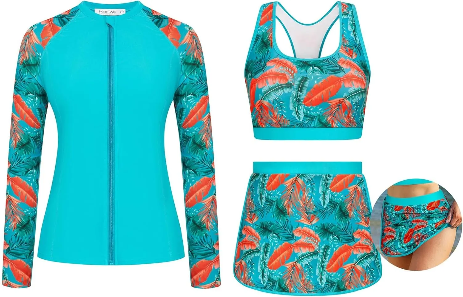 JASAMBAC Women's 3 Piece Rash Guard Zip Up UPF 50  Swim Shirt Built in Bra Long Sleeve Swimsuits Swim Skirt with Bikini Brief