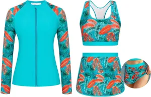 JASAMBAC Women's 3 Piece Rash Guard Zip Up UPF 50  Swim Shirt Built in Bra Long Sleeve Swimsuits Swim Skirt with Bikini Brief