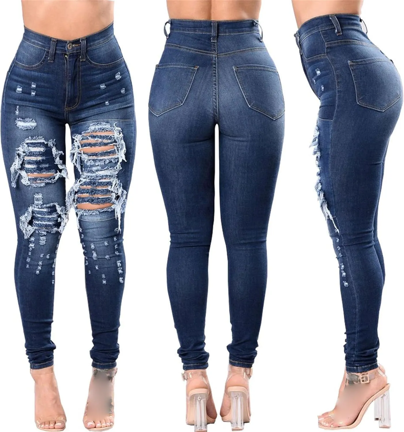 JEKE-DG Women's High Waist Ripped Ankle Jeans Distressed Butt Lifting Denim Stretch Slim Skinny Trousers