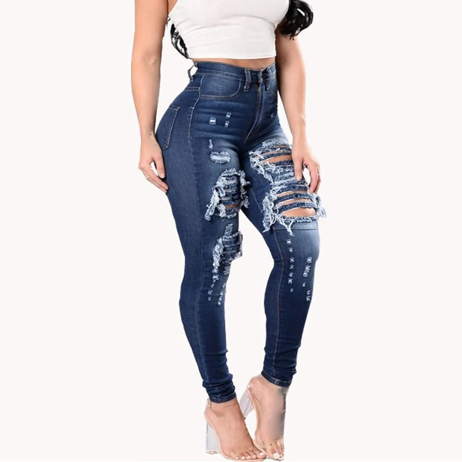 JEKE-DG Women's High Waist Ripped Ankle Jeans Distressed Butt Lifting Denim Stretch Slim Skinny Trousers