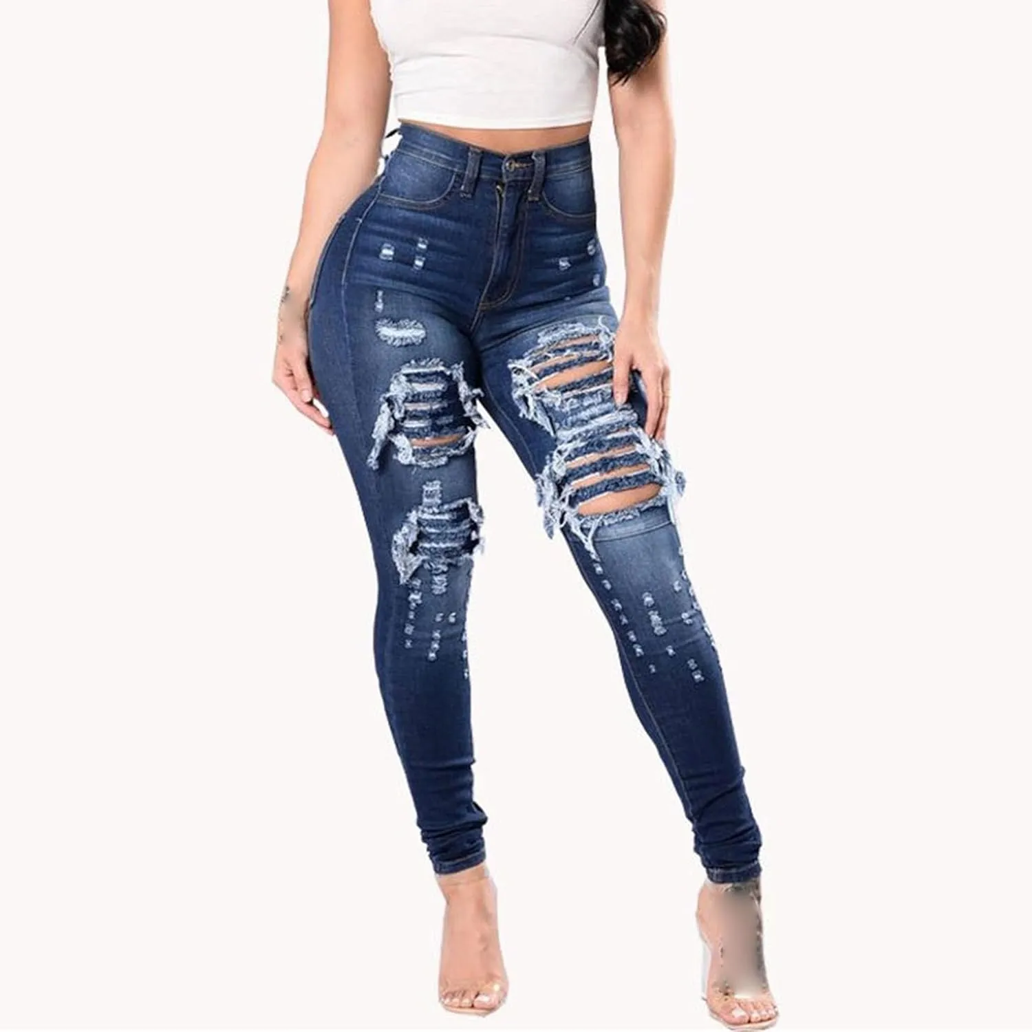 JEKE-DG Women's High Waist Ripped Ankle Jeans Distressed Butt Lifting Denim Stretch Slim Skinny Trousers
