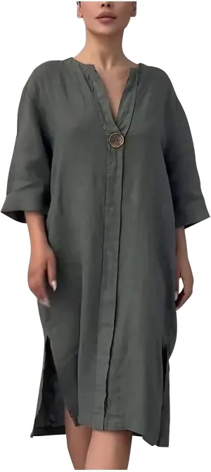 JOAU Plus Size Linen Dresses for Women 2025 Casual Summer 3/4 Sleeve V Neck Side Slit Hem Flowy Beach Midi Dress with Pockets