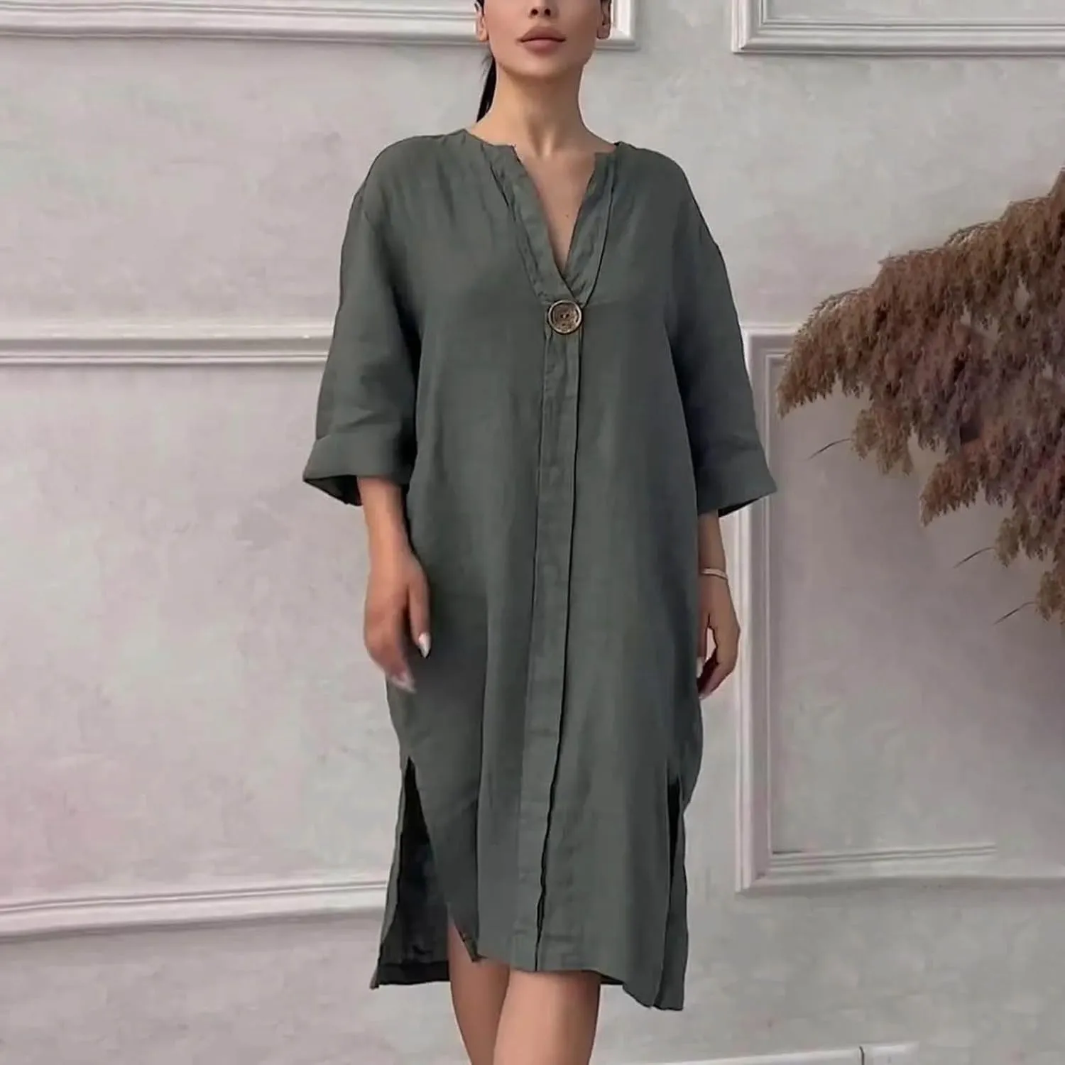 JOAU Plus Size Linen Dresses for Women 2025 Casual Summer 3/4 Sleeve V Neck Side Slit Hem Flowy Beach Midi Dress with Pockets