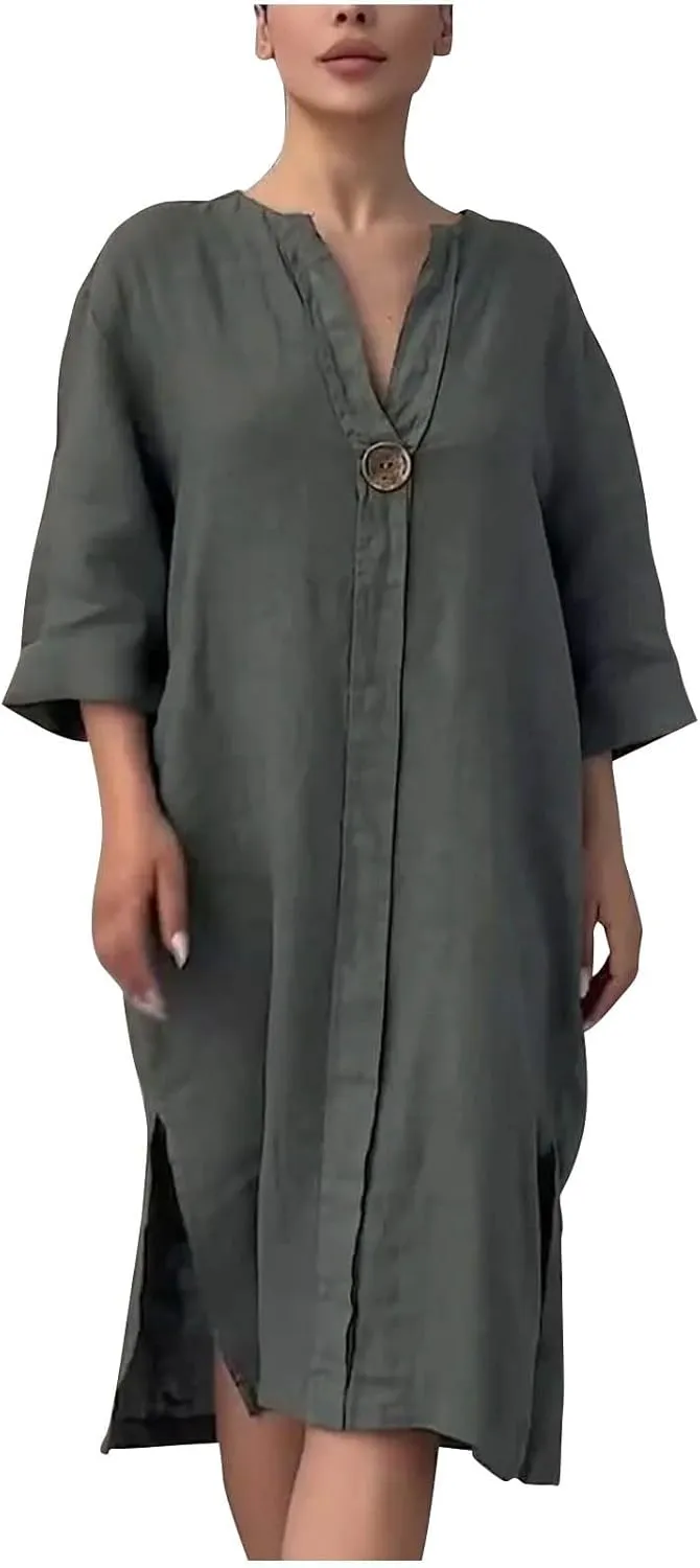JOAU Plus Size Linen Dresses for Women 2025 Casual Summer 3/4 Sleeve V Neck Side Slit Hem Flowy Beach Midi Dress with Pockets