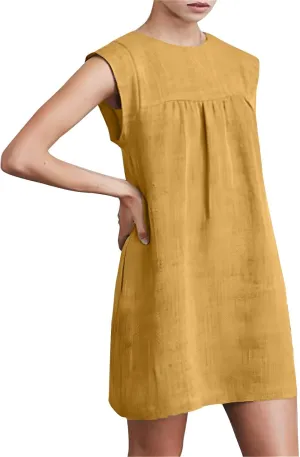 JOAU Womens Crew Neck Sleeveless Cotton Linen Tank Dress Casual Loose Shift Tunic Mini Dresses Summer Beach Vacation Sundress
