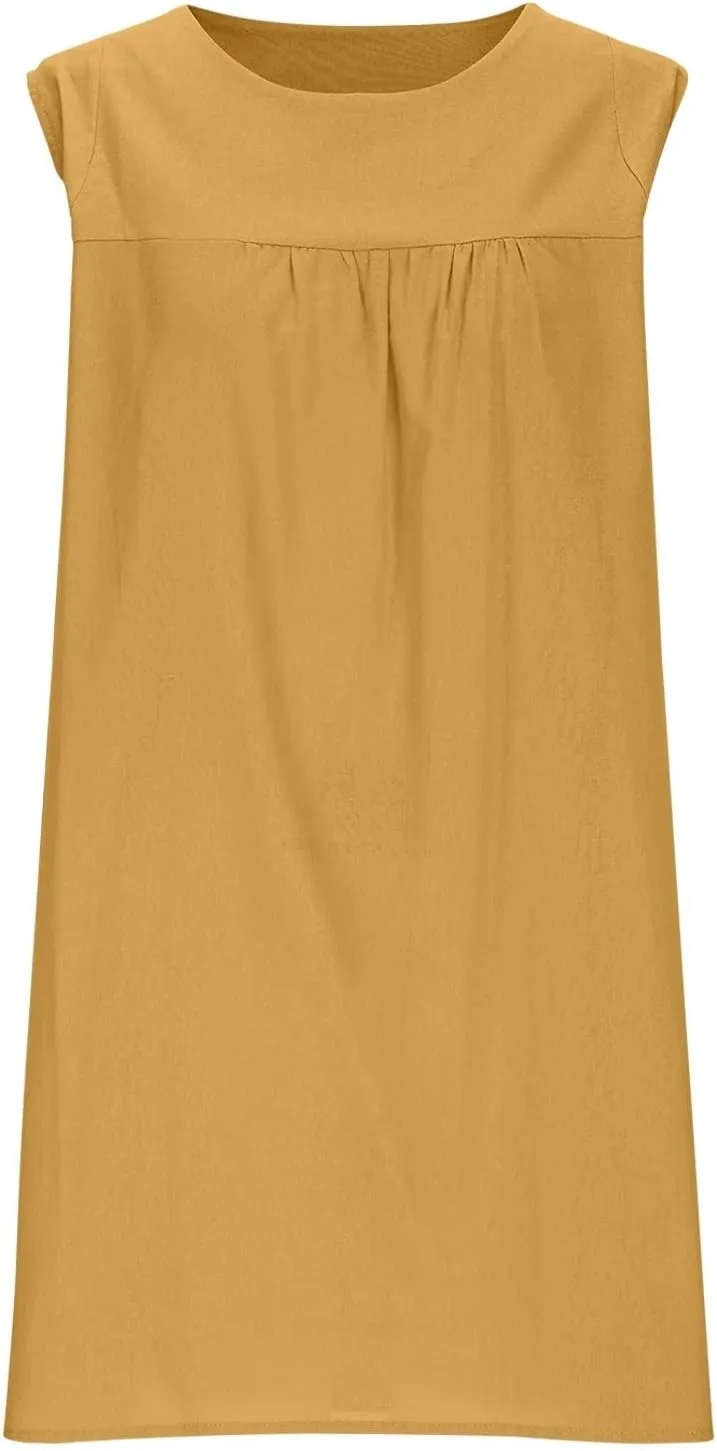 JOAU Womens Crew Neck Sleeveless Cotton Linen Tank Dress Casual Loose Shift Tunic Mini Dresses Summer Beach Vacation Sundress
